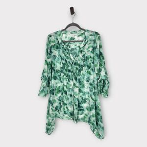 Chaus Sheer Green and White Print Blouse with 3/4 Sleeves Size Medium